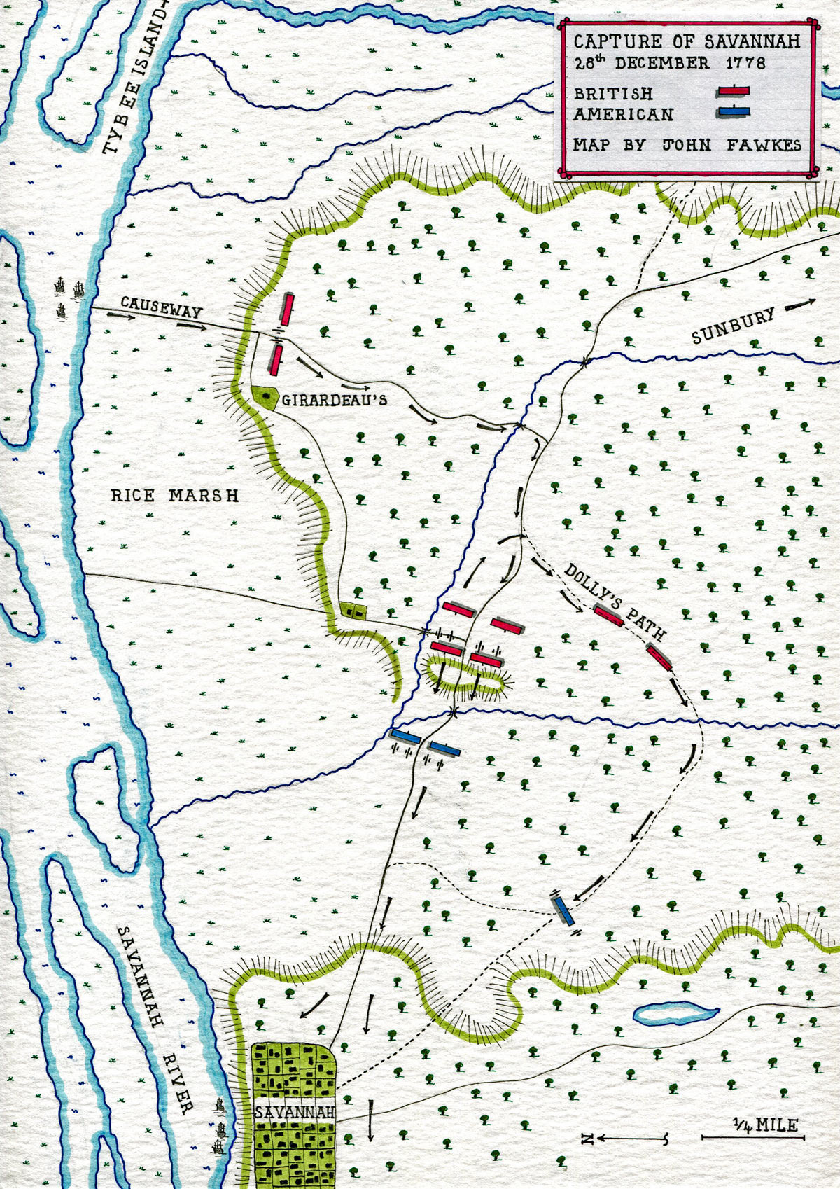 Map of the capture of Savannah on 28th December 1778 in the American Revolutionary War: map by John Fawkes