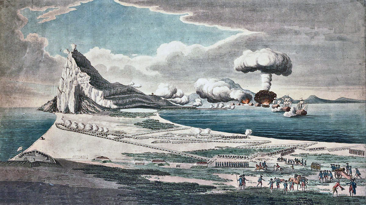 View of the attack by the Spanish Battering Ships on 13th September 1782: the Great Siege of Gibraltar from 1779 to 1783 during the American Revolutionary War: the Spanish ship Pastora explodes in the distance