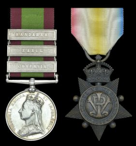 Second Afghan War Medal with clasps for Kandahar, Kabul and Charasia and the Kabul and Kandahar Star: Battle of Kandahar on 1st September 1880 in the Second Afghan War