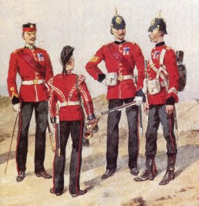 Royal Marine Light Infantry in England: Battle of El Teb on 29th February 1884 in the Sudanese War: print by Richard Simkin: the men are wearing Egypt/Sudan campaign medals