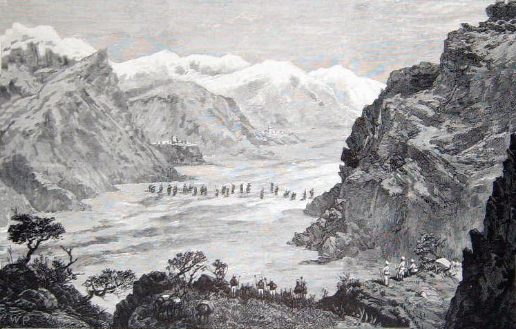 British and Indian troops crossing the Indus at Bakrai: Black Mountain Expedition, 1st March 1891 to 29th May 1891 on the North-West Frontier in India