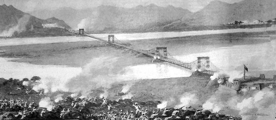 Chakdara Bridge under attack, seen from the south bank of the Swat River: Malakand Rising, 26th July to 22nd August 1897 on the North-West Frontier of India: picture by CJ Staniland