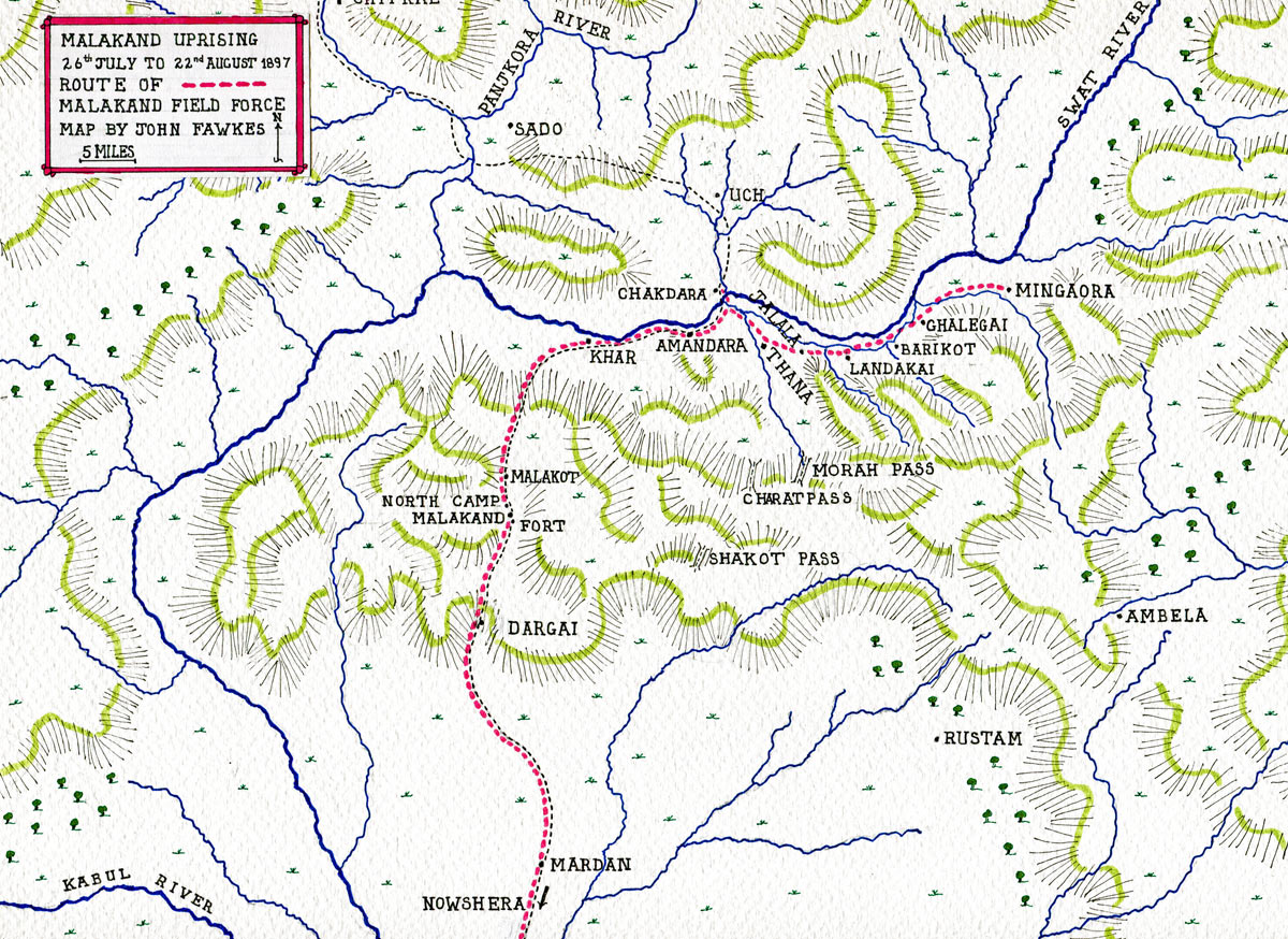 Map of the Malakand Rising, 26th July to 22nd August 1897 on the North-West Frontier of India: map by John Fawkes