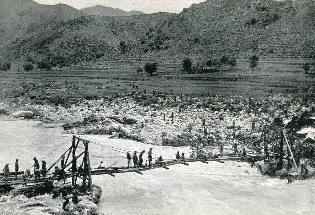 Suspension Bridge built over the Panjkora River by Major Aylmer VC: Siege and Relief of Chitral, 3rd March to 20th April 1895 on the North-West Frontier of India