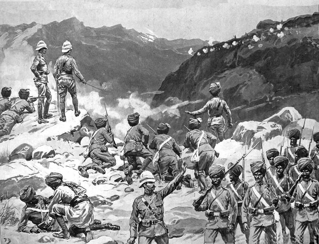 First Brigade withdrawing after the attack on Jarobi: Mohmand Field Force, 7th August to 1st October 1897, North-West Frontier of India