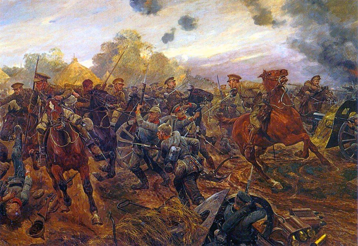 The 9th Lancers charge German infantry and guns during the action at Elouges: First Day of the Retreat from Mons and the Battle around Elouges and Audregnies, fought on 24th August 1914 in the First World War: picture by Richard Caton Woodville