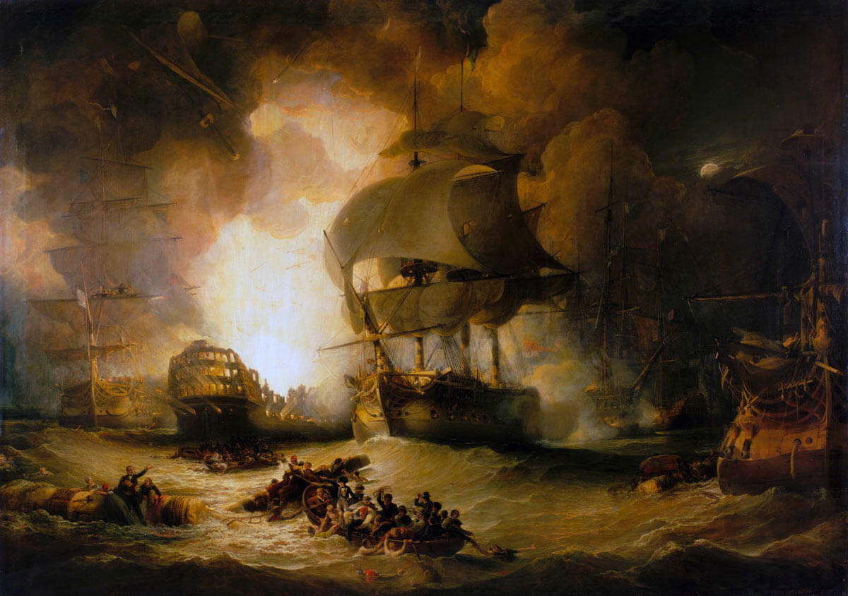 French Flagship L'Orient explodes at 10pm during the Battle of the Nile on 1st August 1798 in the Napoleonic Wars: picture by George Arnald