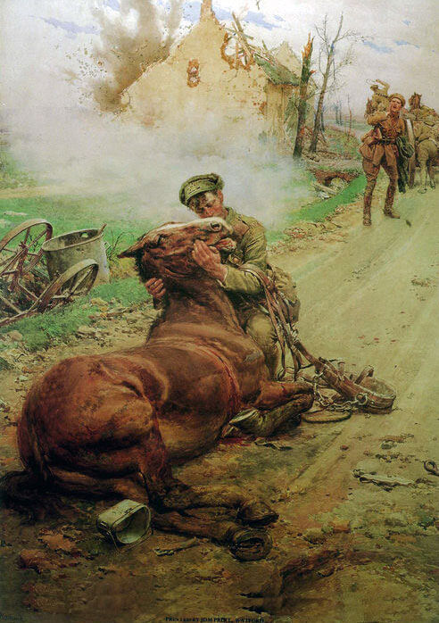 ‘Good bye Old Man’, a British gunner leaves his dying horse: Battle of Mons on 23rd August 1914 in the First World War: picture by Fred Matania