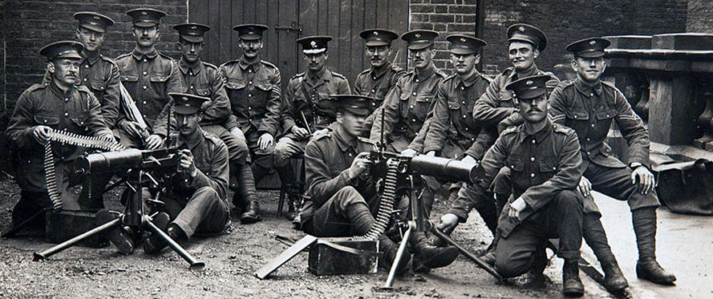 Irish Guards machine gun detachment At Wellington Barracks in August 1914 before leaving for France: Battle of Villers Cottérêts on 1st September 1914 in the First World War