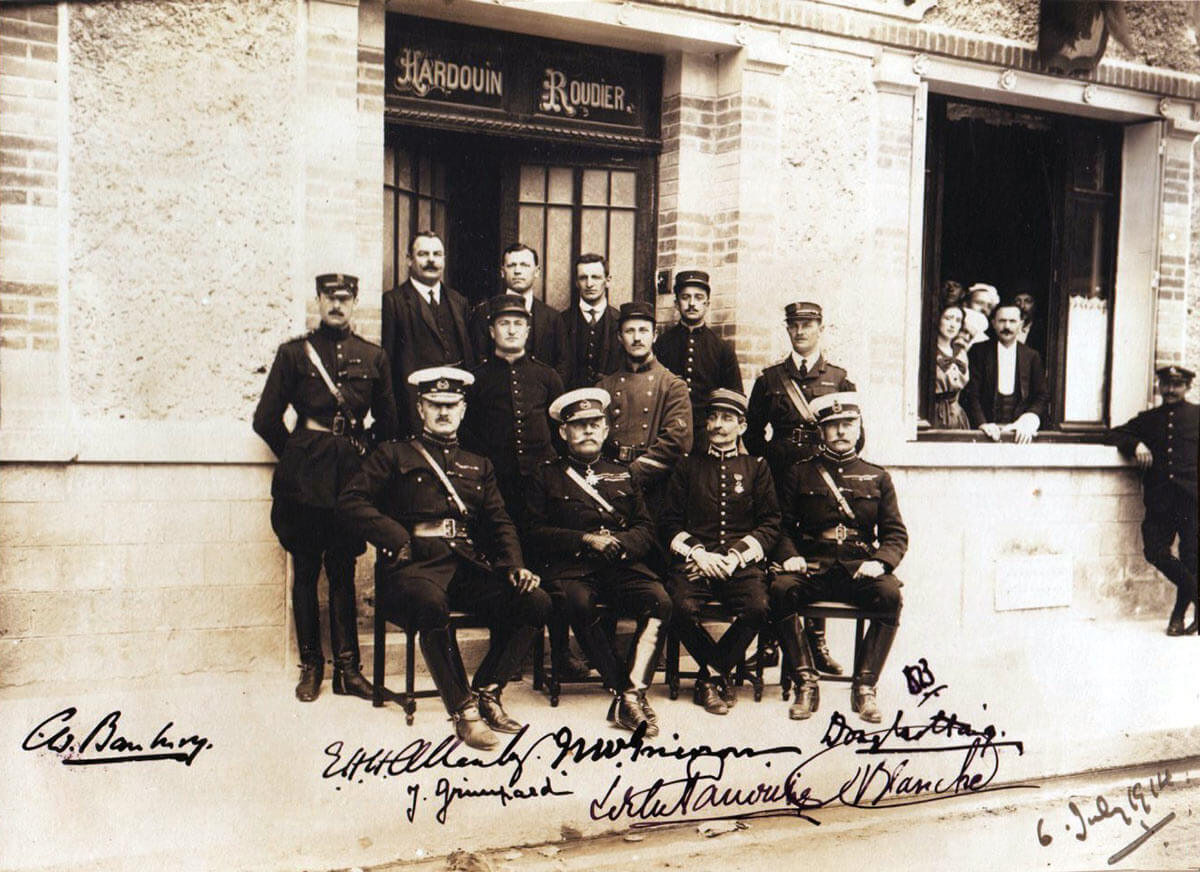 Photograph taken during the visit by senior British officers to the French training camp at Mailly, in July 1914, showing from the left General Allenby, General Grierson and General Haig with an unidentified French General, presumably the commandant of the French camp: Photograph from the private album of Captain (Later General Sir Douglas) Baird, ADC to General Haig (standing behind General Haig): British Expeditionary Force (BEF) 1914 Order of Battle