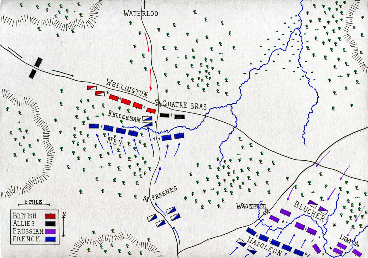 Map of the Battle of Quatre Bras on 16th June 1815 during the Napoleonic Wars: map by John Fawkes
