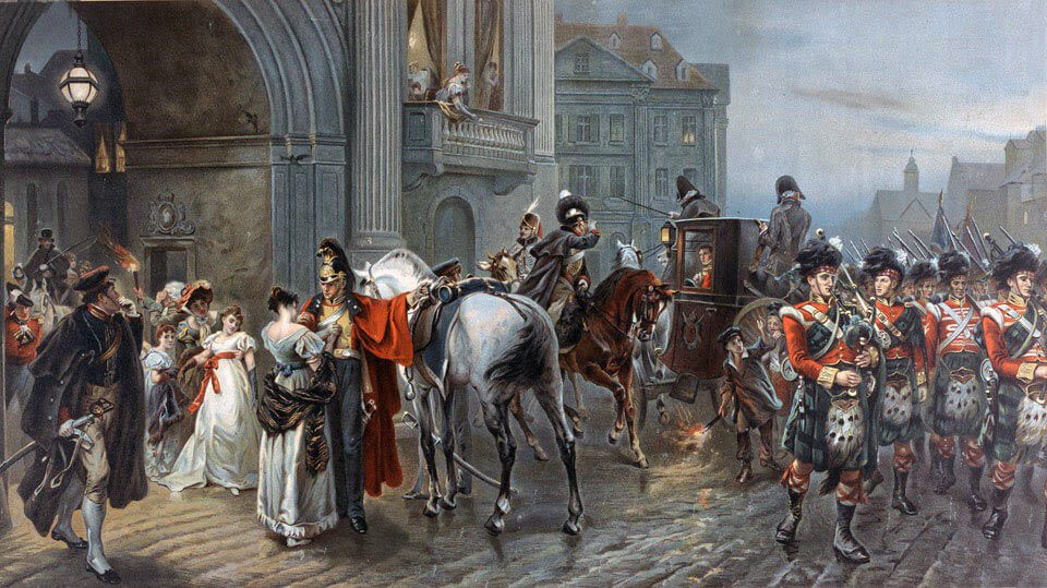 British officers leaving the Duchess of Richmond's Ball in the early hours of 16th June 1815 for the Battles of Quatre Bras and Waterloo: picture by Robert Alexander Hillingford