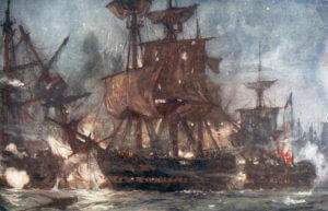 HMS Majestic at the Battle of the Nile on 1st August 1798 in the Napoleonic Wars: picture by Charles Edward Dixon
