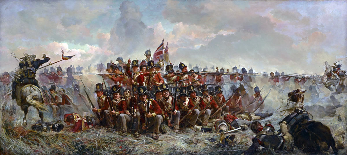 British 28th Regiment receiving French cavalry in square at the Battle of Quatre Bras on 16th June 1815 during the Napoleonic Wars: picture by Lady Butler
