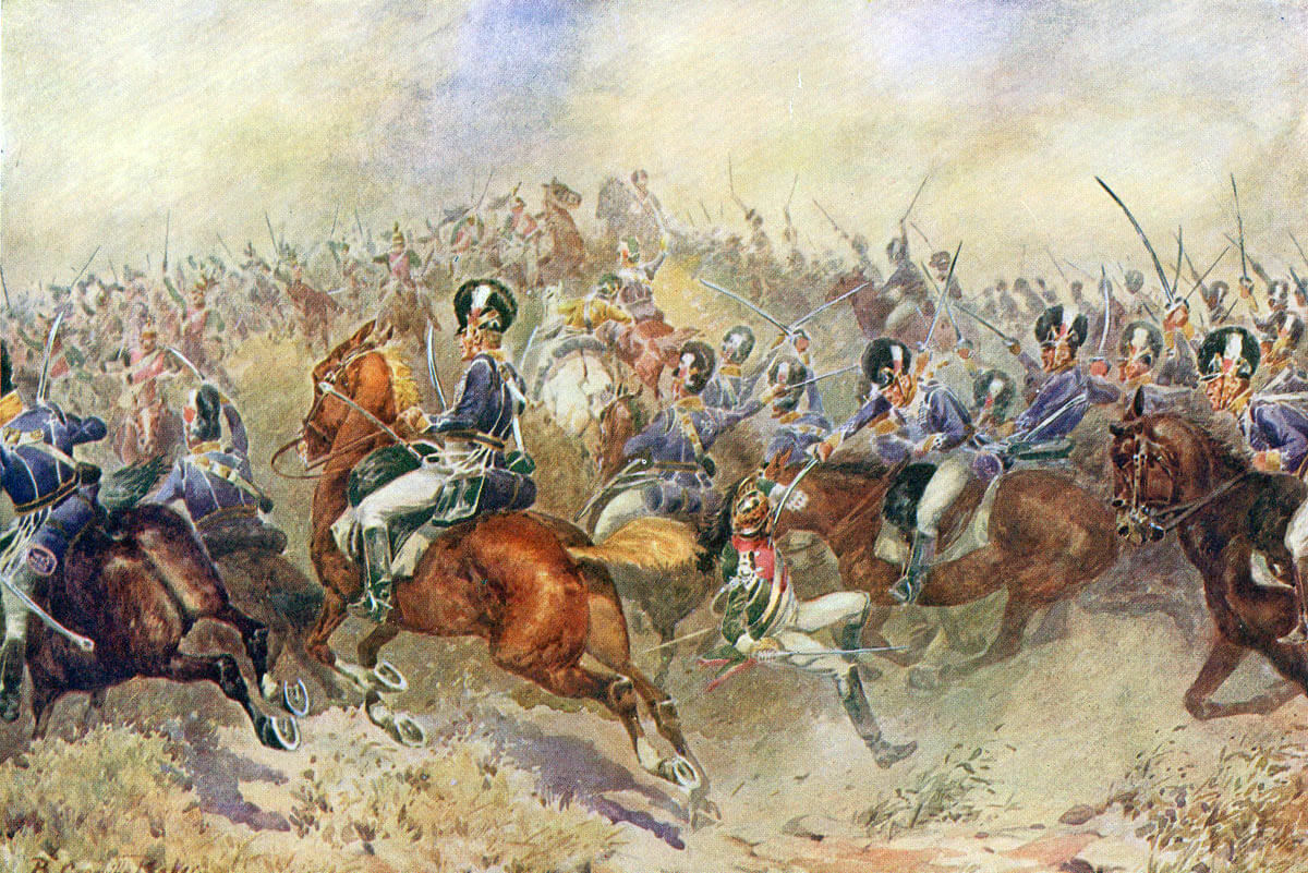 British 12th Light Dragoons in the charge at the Battle of Salamanca on 22nd July 1812 during the Peninsular War: picture by B. Granville Baker