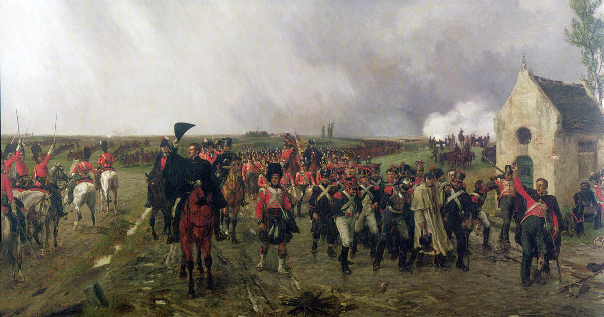 The Duke of Wellington on the march from Quatre Bras to Waterloo: Battle of Waterloo on 18th June 1815; picture by Ernest Crofts