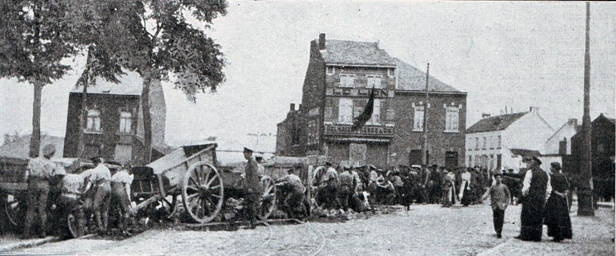 Soldiers of 1st Northumberland Fusiliers preparing street barricades in the Mons area before the fighting started on 23rd August 1914