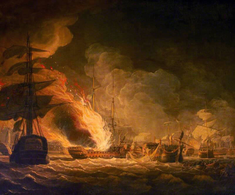 French Flagship L'Orient on fire at the Battle of the Nile on 1st August 1798 in the Napoleonic Wars: picture by John Thomas Serres