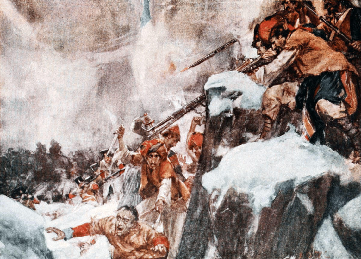 Afghan tribesmen attacking the Anglo-Indian army in the Koord Kabul pass: Battle of Kabul and Retreat to Gandamak 1842 during the First Afghan War