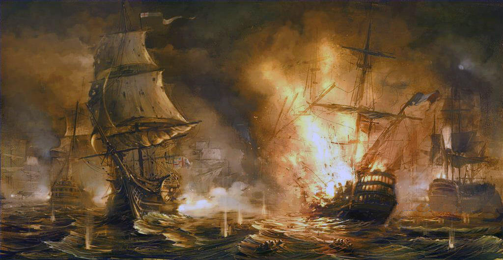 French Flagship L'Orient explodes at the Battle of the Nile on 1st August 1798 in the Napoleonic Wars