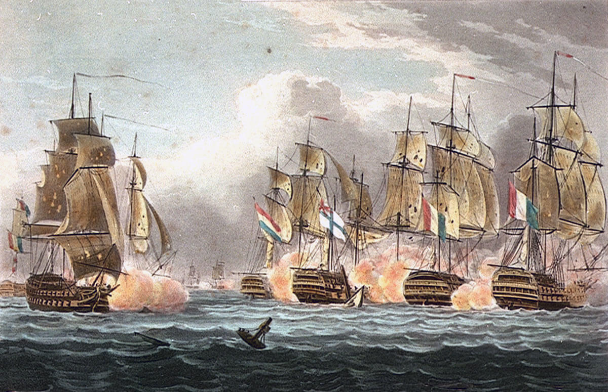 HMS Bellerophon (ship in centre) at the moment of the death of Captain Cook at the Battle of Trafalgar on 21st October 1805 during the Napoleonic Wars