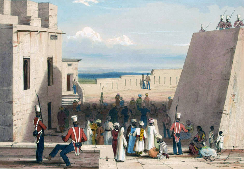 Afghan prisoners guarded by 19th Bengal Native Infantry after the Battle of Ghuznee on 23rd July 1839 in the First Afghan War