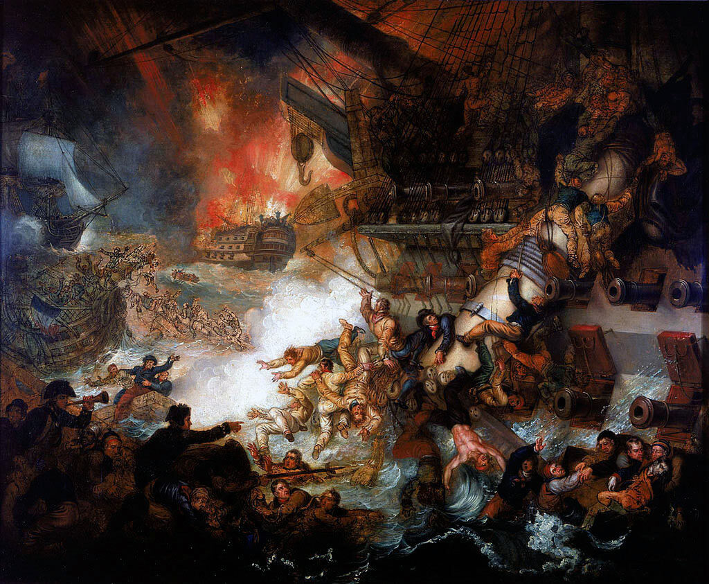 French Flagship L'Orient explodes at the Battle of the Nile on 1st August 1798 in the Napoleonic Wars: picture by Mather Brown