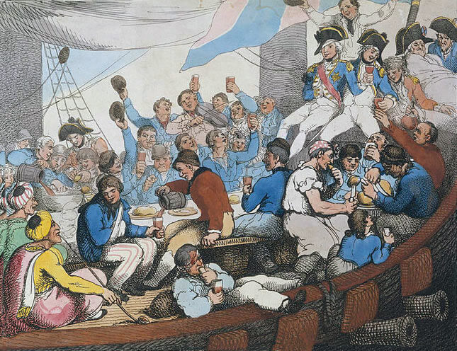 Cartoon of celebrations on HMS Vanguard after the Battle of the Nile on 1st August 1798 in the Napoleonic Wars
