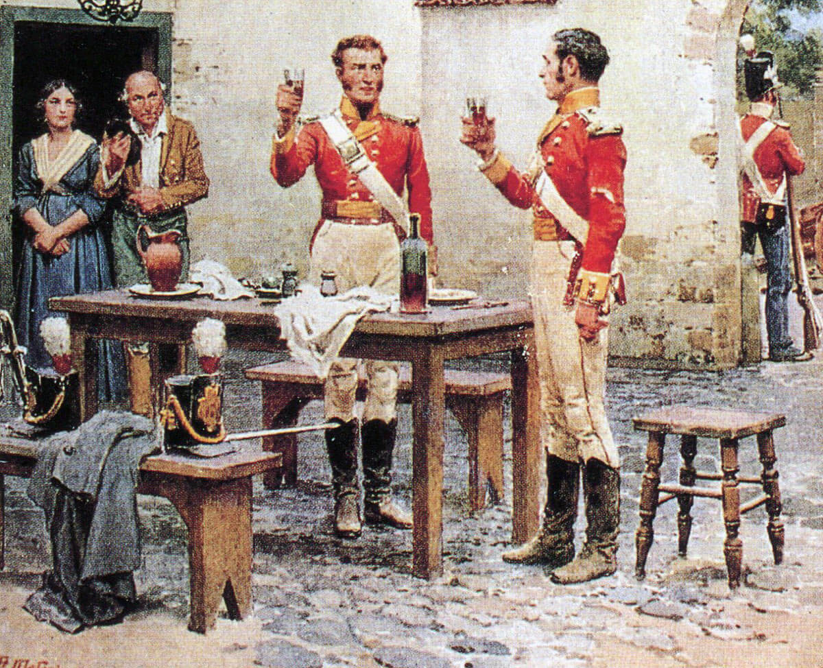 'The King': Officer's Mess of the 28th Regiment after the Battle of Albuera on 16th May 1811 in the Peninsular War: picture by Fortunio Matania