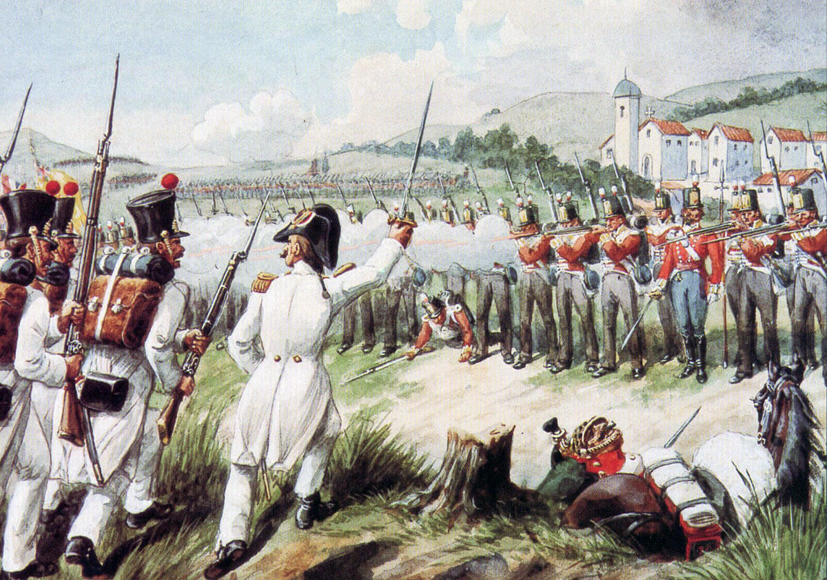 British 29th Foot standing firm against the French attack at the Battle of Vimeiro on 21st August 1808 in the Peninsular War: picture by Richard Simkin