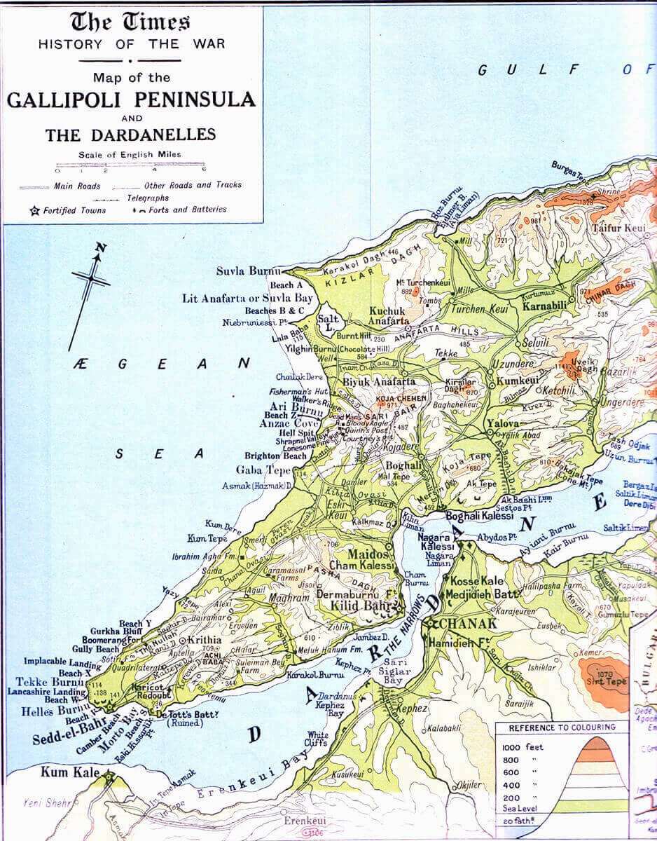 Map of the western end of the Dardanelles waterway showing the entrance, with Cape Helles on the Gallipoli Peninsular, Kum Kale on the Asiatic shore and the Narrows at Chanak: Gallipoli campaign Part I: the Naval Bombardment, March 1915 in the First World War