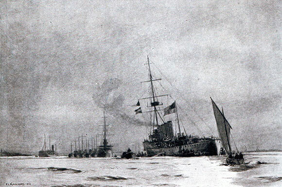British light cruiser HMS Arethusa limps into Harwich after the Battle of Heligoland Bight on 28th August 1914 in the First World War: picture by FL Blanchard
