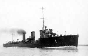 British destroyer HMS Laertes, one of the destroyers of 4th Division of 3rd Destroyer Flotilla, heavily damaged by gunfire from SMS Mainz during the Battle of Heligoland Bight