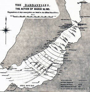 Plan of the attack by the British and French capital ships on the Dardanelles Narrows on 18th March 1915, leading to the loss of three ships and the damaging of two more: Gallipoli campaign Part I: the Naval Bombardment, March 1915 in the First World War