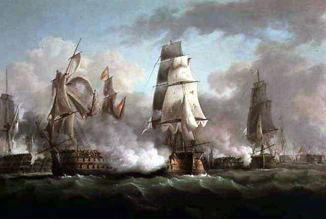 HMS Neptune (centre) engages Santissima Trinidad (left) at the Battle of Trafalgar on 21st October 1805 during the Napoleonic Wars