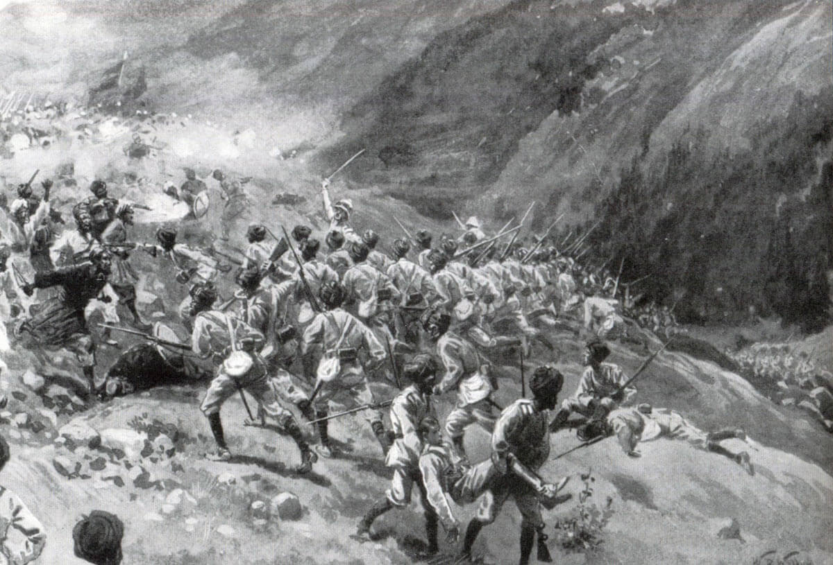 35th Sikh Infantry at Shahi Tangi on 16th September 1897: Malakand Field Force, 8th September 1897 to 12th October 1897 on the North-West Frontier of India: picture by William Barnes Wollen