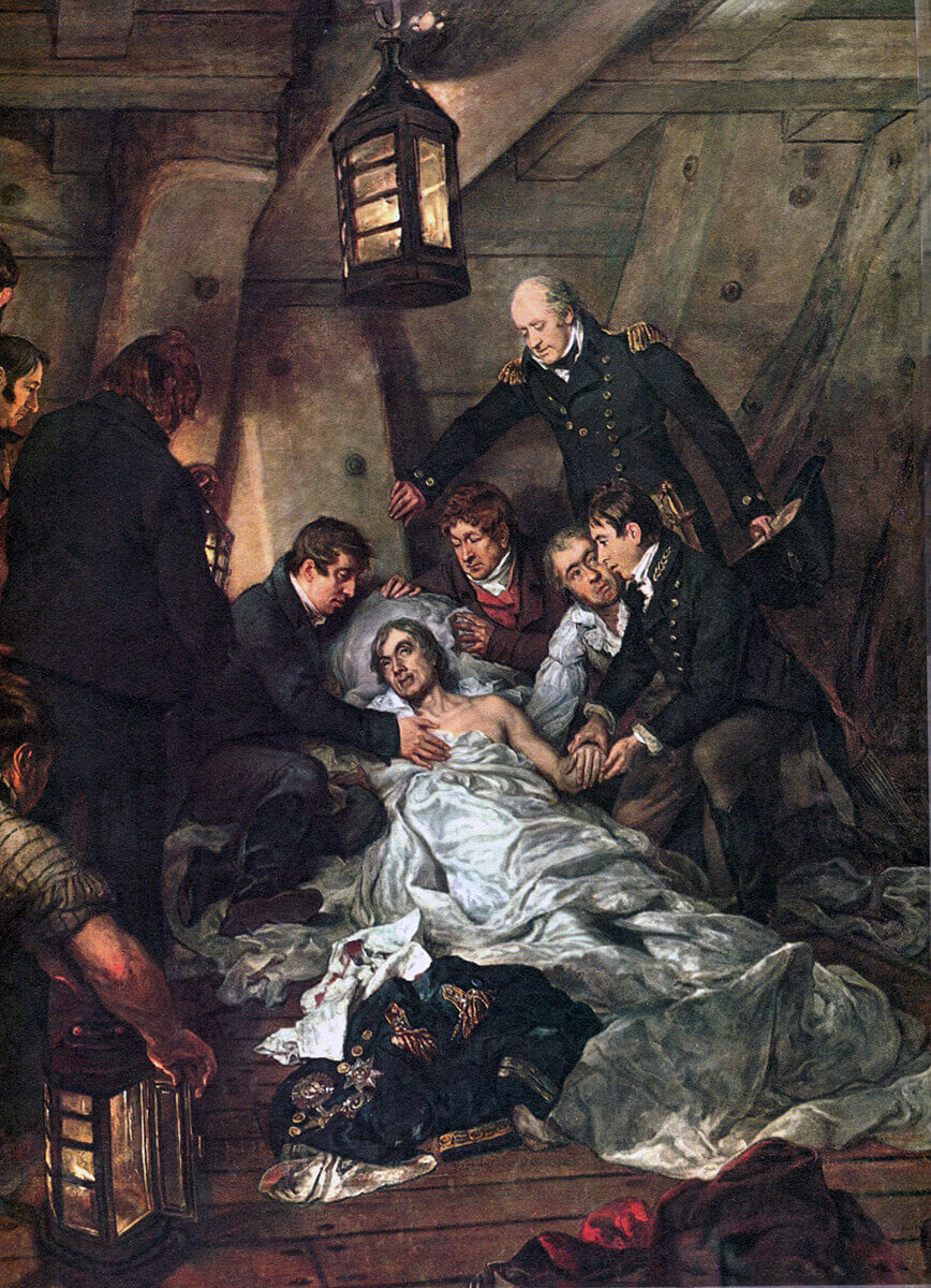 Nelson's death on HMS Victory at the Battle of Trafalgar on 21st October 1805 during the Napoleonic Wars: picture by Arthur William Devis