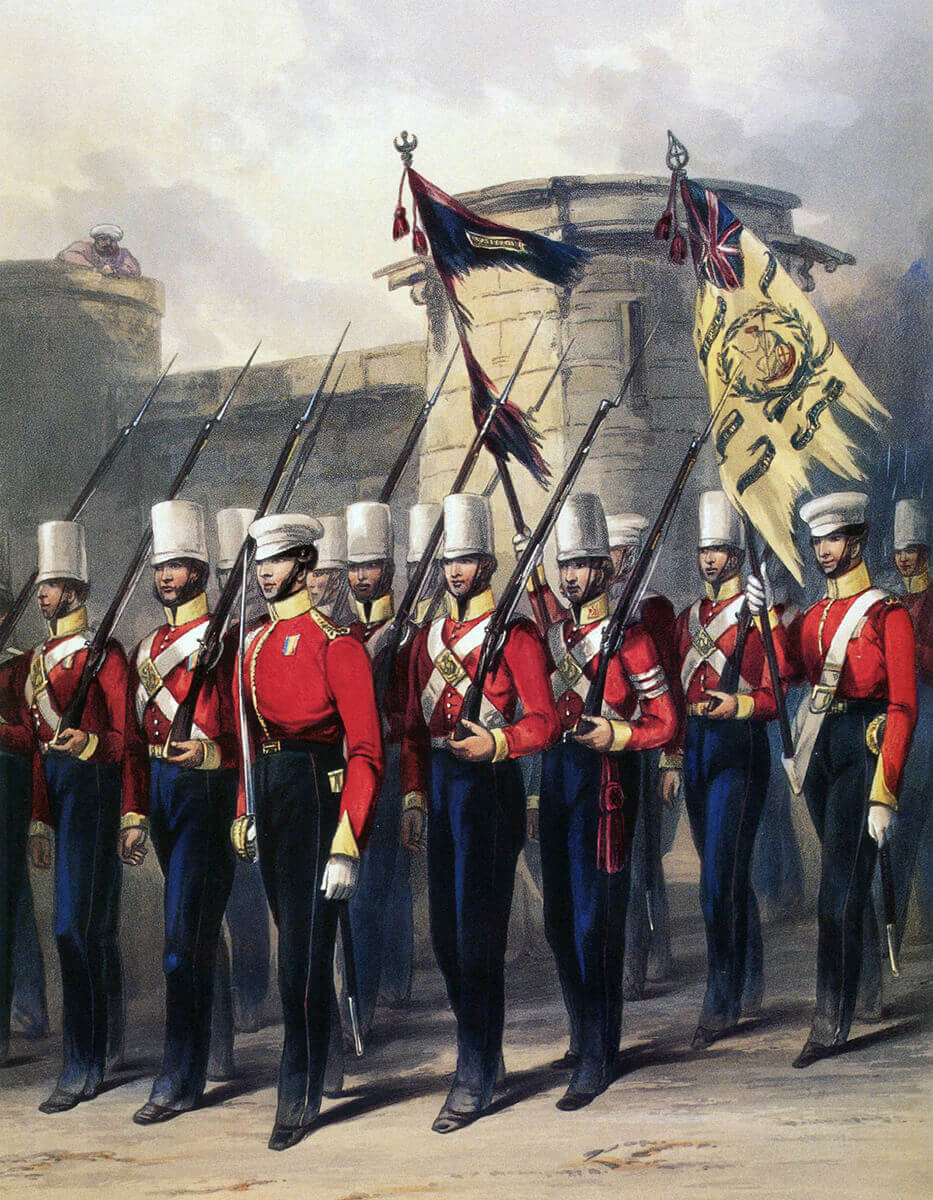 HM 9th Regiment marching into Allahabad after the First Afghan War: Battle of Kabul 1842 in the First Afghan War: print by Ackermann
