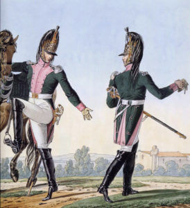 Captain and Lieutenant of French 16th Dragoons: Battle of Talavera on 28th July 1809 in the Peninsular War: picture by Horace Vernet