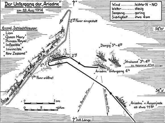German plan of the final stage of the Battle of Heligoland Bight on 28th August 1914 in the First World War, showing the sinking of the German light cruiser SMS Ariadne. The plan is wrong in giving the presence of HMS Inflexible. Inflexible was in the Mediterranean Fleet
