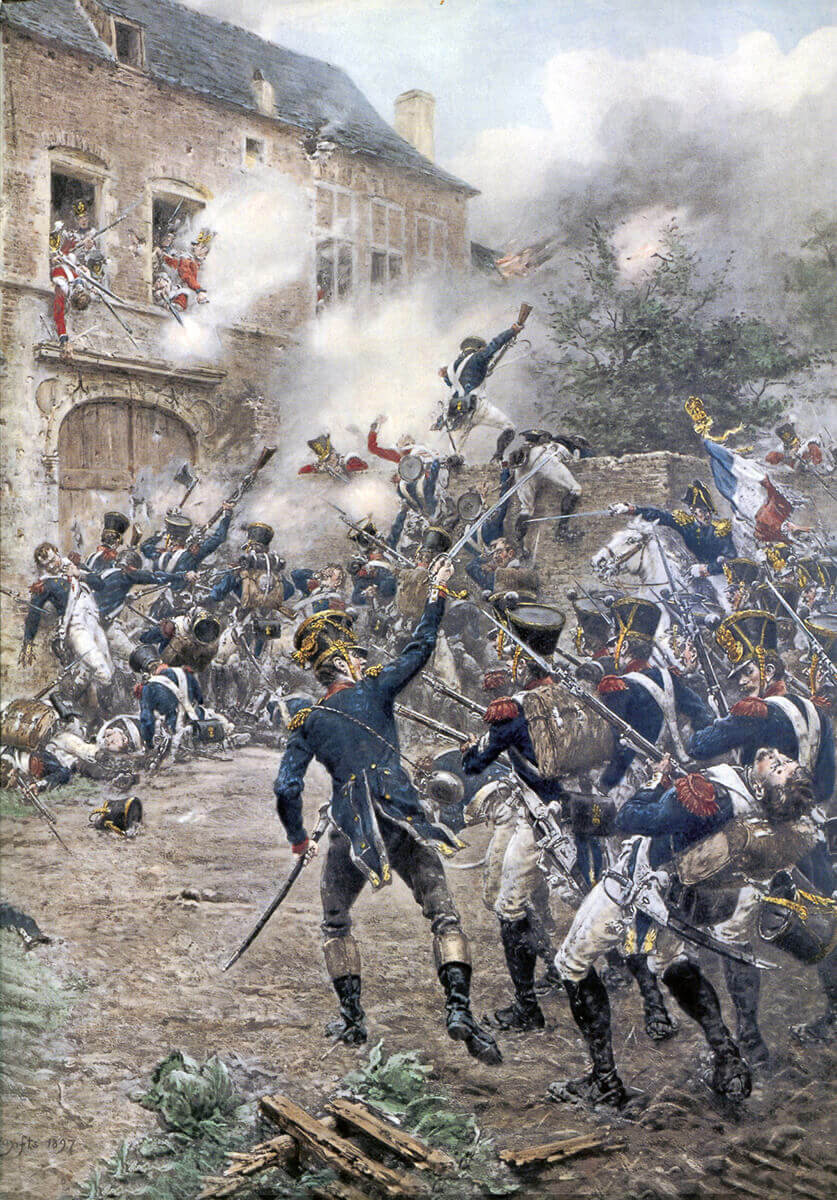French attack on Hougoumont Château at the Battle of Waterloo on 18th June 1815: picture by Ernest Crofts