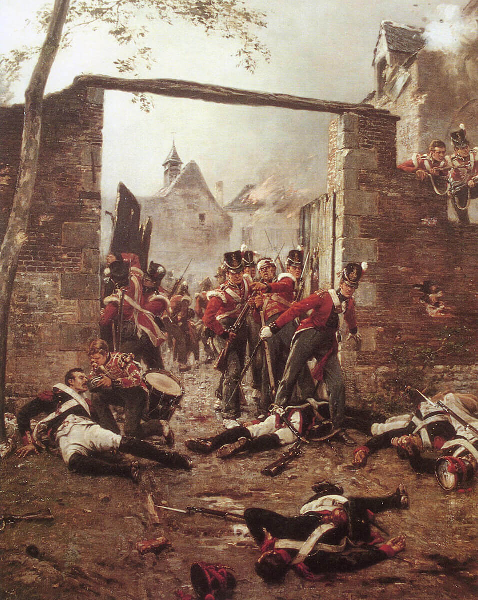 Coldstreamers defending the gate of Hougoumont Château at the Battle of Waterloo on 18th June 1815: picture by Ernest Crofts