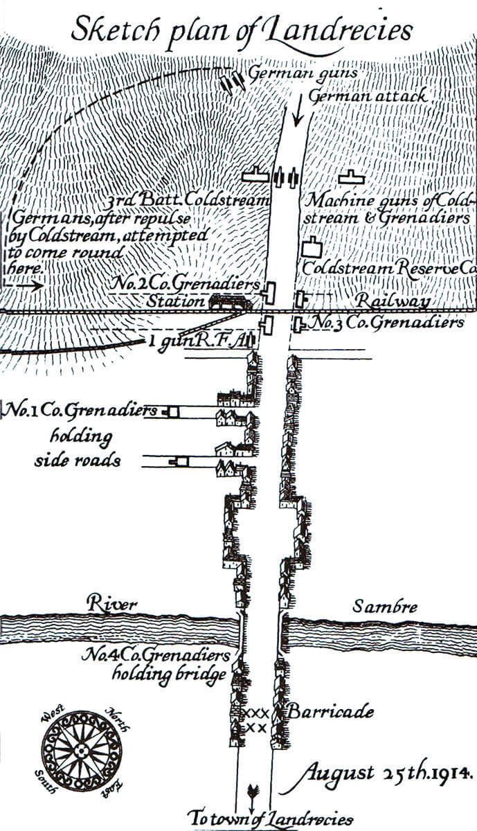Sketch map of Landrecies, showing the positions of battalions of the 4th (Guards) Brigade: Battle of Landrecies on 25th August 1914 in the First World War