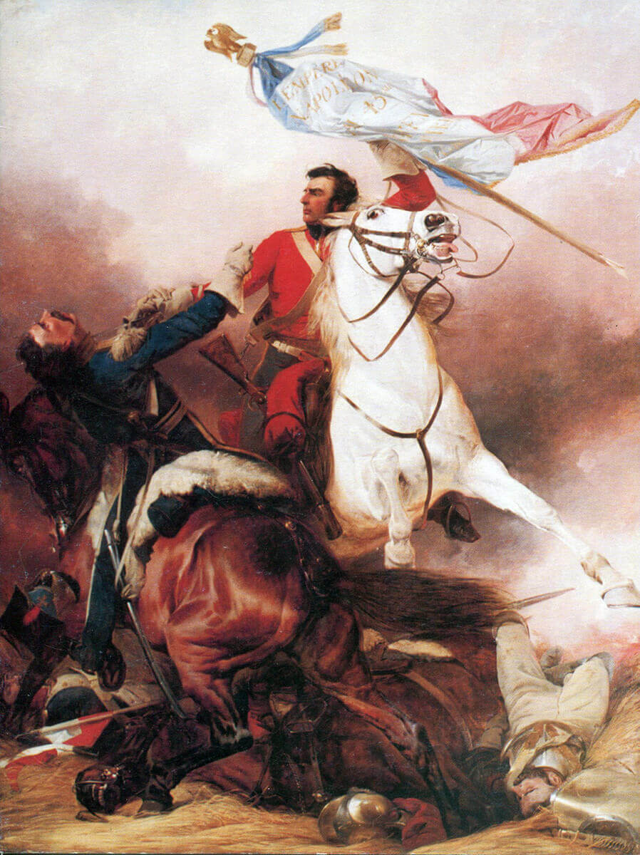 Sergeant Ewart of the Royal Scots Greys defending the captured Standard and Eagle of the French 45th of the Line at the Battle of Waterloo on 18th June 1815: picture by Richard Ansdell