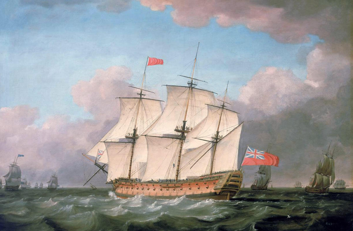 HMS Victory at sea: Battle of Trafalgar on 21st October 1805 during the Napoleonic Wars: picture by Monamy Swaine