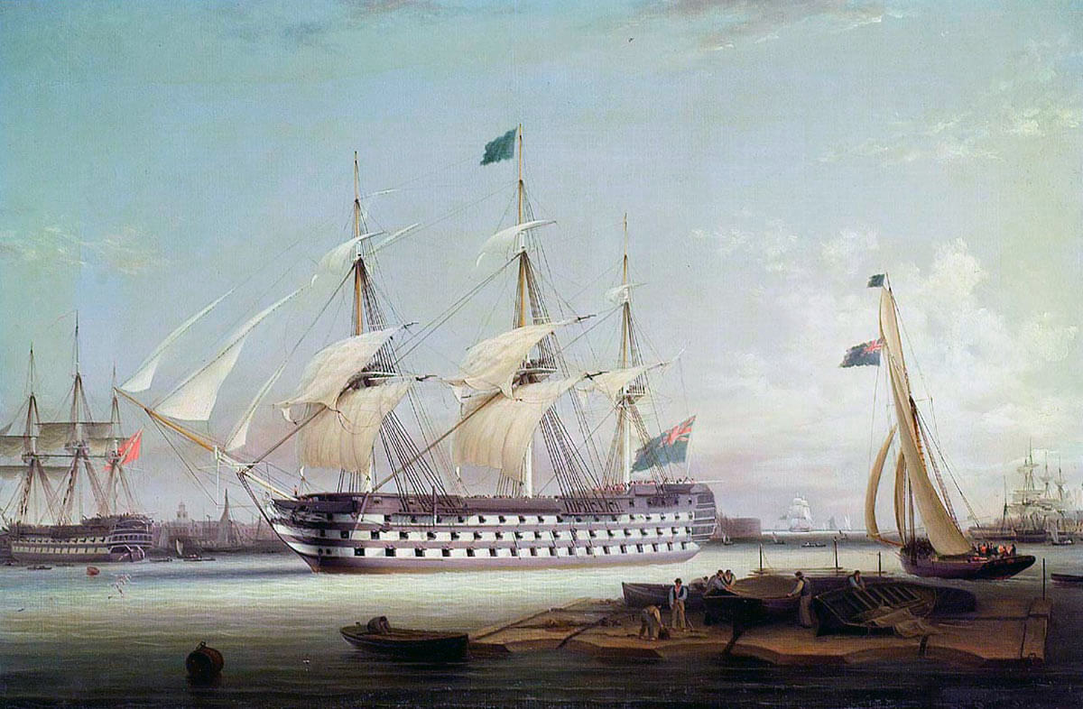 HMS Britannia entering Portsmouth Harbour: Battle of Trafalgar on 21st October 1805 during the Napoleonic Wars: picture by Robert Strickland Thomas