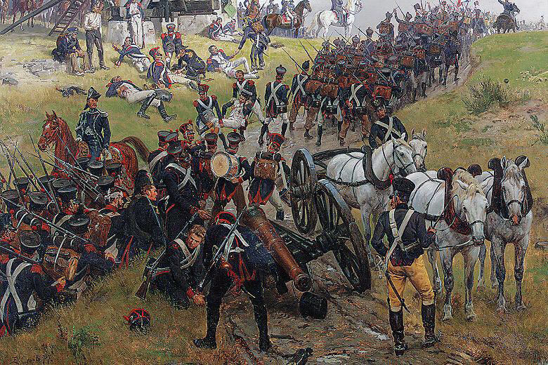 French troops advancing towards Ligny: Battle of Quatre Bras on 16th June 1815: picture by Ernest Crofts