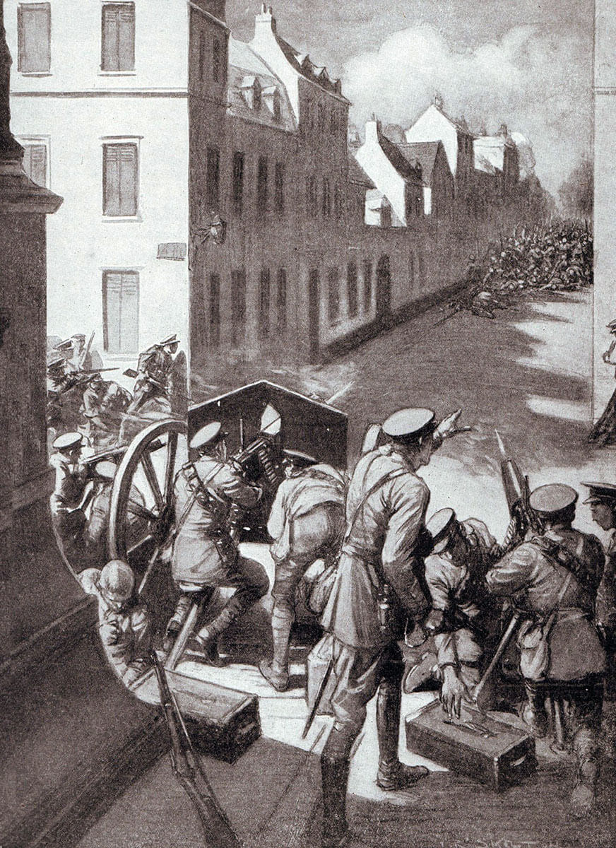 Coldstream and Grenadier Guards hold the high street in Landrecies during the surprise German attack on 4th Guards Brigade on 25th August 1914: Battle of Landrecies in the First World War