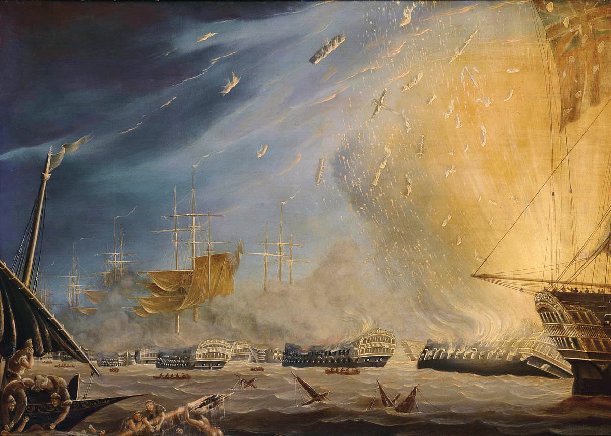 French Flagship L'Orient explodes at the Battle of the Nile on 1st August 1798 in the Napoleonic Wars: picture by Robert Dodd