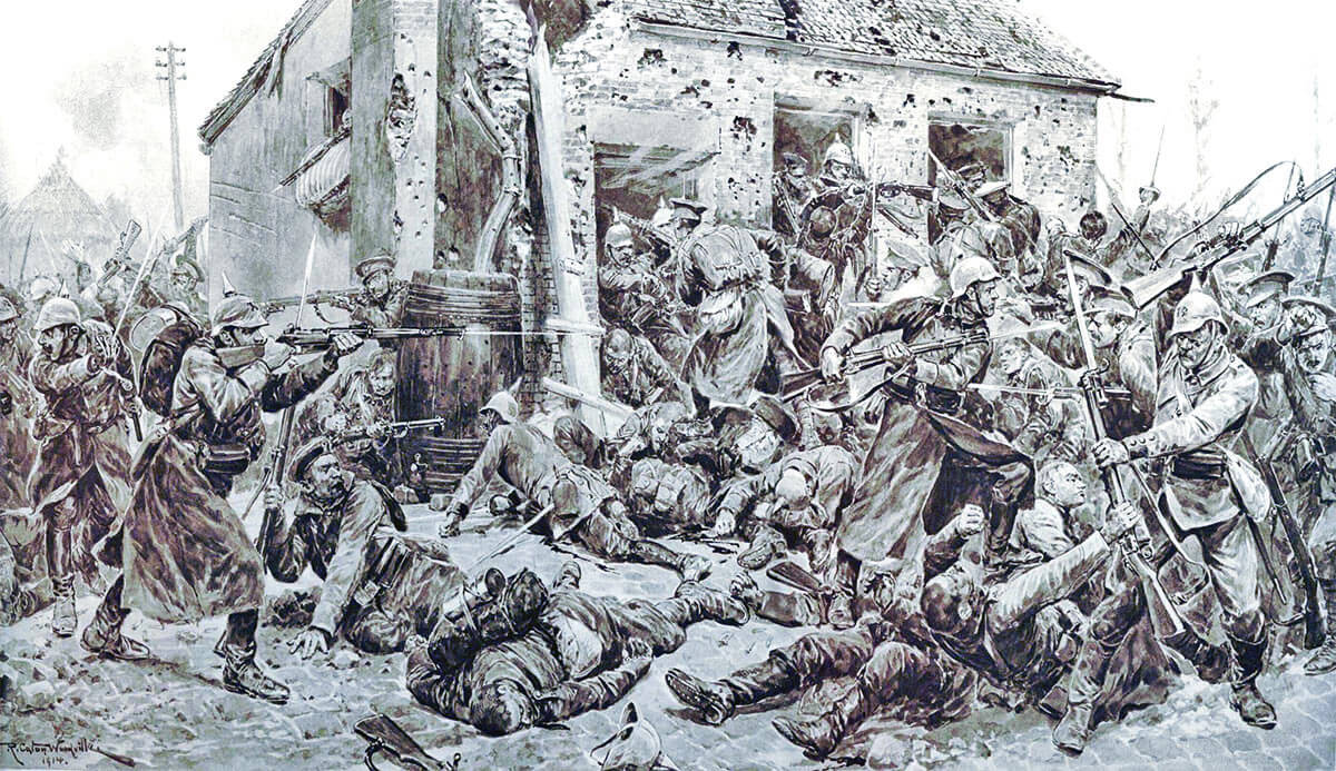 Hand to hand fighting between 3rd Coldstream Guards and German Infantry: Battle of Landrecies on 25th August 1914 in the First World War: picture by Richard Caton Woodville
